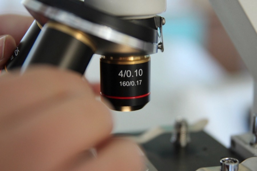 Researcher using a microscope